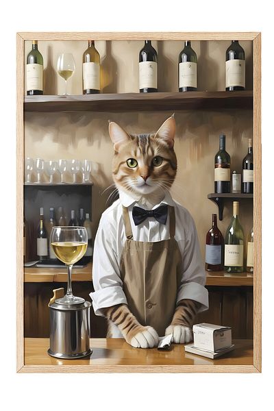 Postifull Ζωγραφική με ξύλινο πλαίσιο, Barista Cat, Ξύλινη ζωγραφική κουζίνας Comfort Series, NO:108928