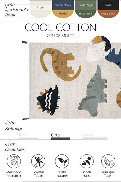 Cool Halı Cool Cotton Krem Bebek Halısı Makinede Yıkanabilir Kaymaz Taban Yumuşak Dokulu Dinazor Çocuk Halısı