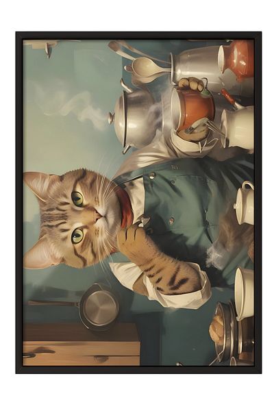 Postifull Pictură cu cadru negru, Coffee Station Cat, Pictură de perete pentru bucătărie din seria Comfort, NR:108929