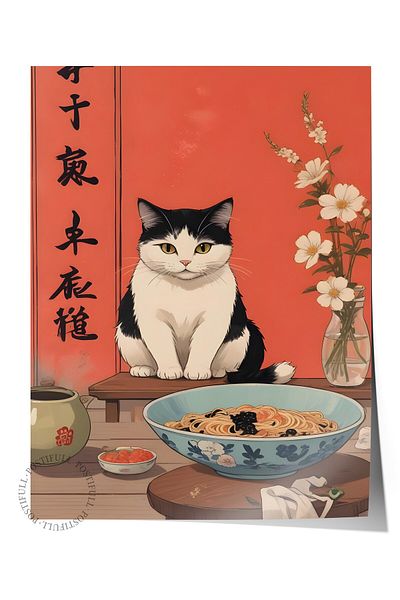 Postifull Poster fără încadrare, A Cat For A Ramen, Poster de perete de bucătărie din seria Comfort, NR:109161