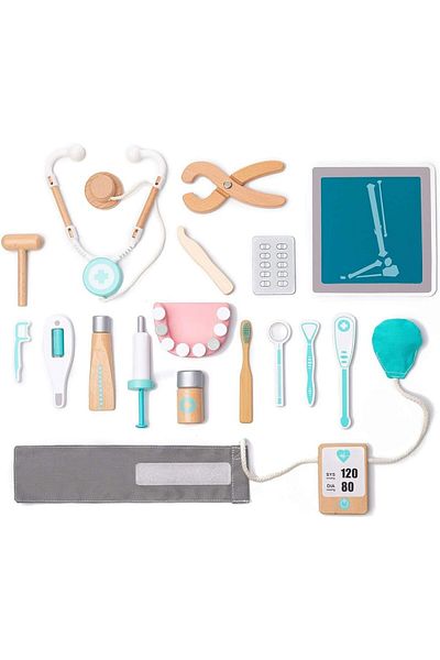 COOYA Doctor Kit, 18pcs Wooden Doctor Playset for Toddlers, Pretend Toy Dentist Toolbox Medical Kit