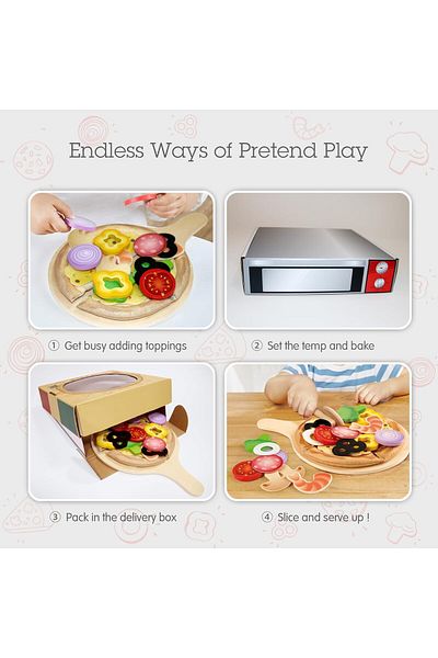 COOYA 29 PCS Pizza Wooden Playset for Kids Kitchen, 2-IN-1 Pizza Oven & Delivery Box