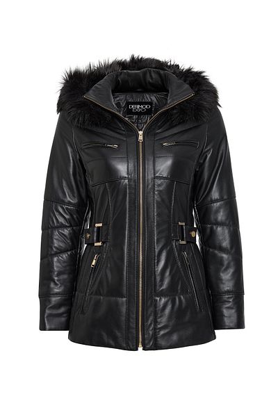 Derimod Alexandra Women's Black Hooded Fur Leather Coat 24Wge52851M