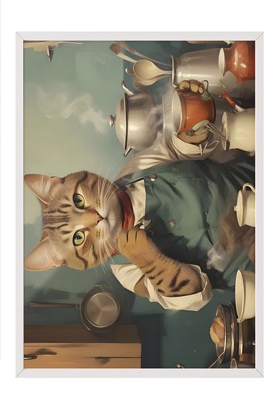 Postifull Pictură cu cadru alb, Coffee Station Cat, Pictură de perete pentru bucătărie din seria Comfort, NR:108929