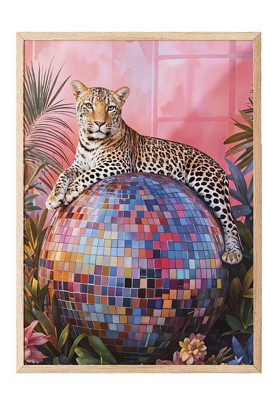 Postifull Ζωγραφική με ξύλινο πλαίσιο, Leopard on Disco Ball, Ξύλινη ζωγραφική κουζίνας Comfort Series, NO:108943