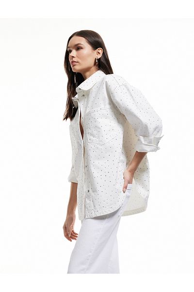 Koton New Season Stone Detailed Long Sleeve Pocket Buttoned Classic Collar Denim Jacket