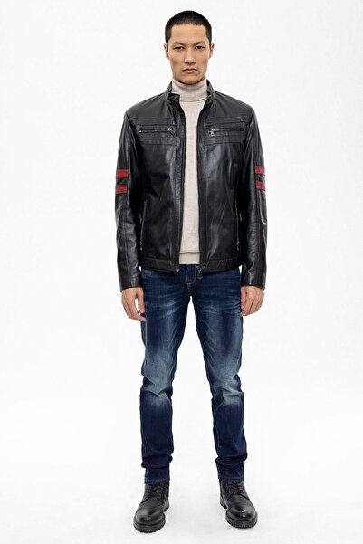 Deriderim Black Elvis Zippered Red Striped Sports Lined Men's Short Genuine Leather Coat