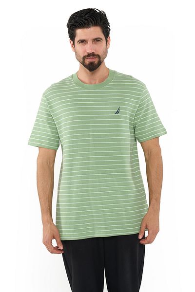 Nautica Men's Green Striped Round Neck T-Shirt - Soft Cotton Knit For Trendy, Comfortable Everyday Look