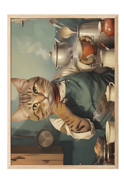 Postifull Ζωγραφική με ξύλινο πλαίσιο, Coffee Station Cat, Ξύλινη ζωγραφική κουζίνας Comfort Series, NO:108929