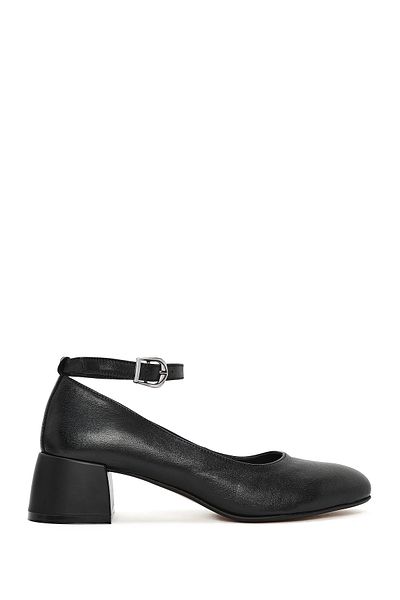 Derimod Women's Black Ankle Strap Short Thick Heeled Leather Shoes 25Sfd 410918