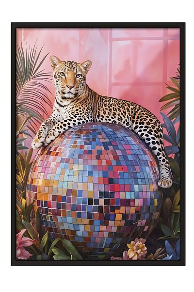 Postifull Pictură cu cadru negru, Leopard pe discoteca, pictură de perete pentru bucătărie din seria Comfort, NR: 108943
