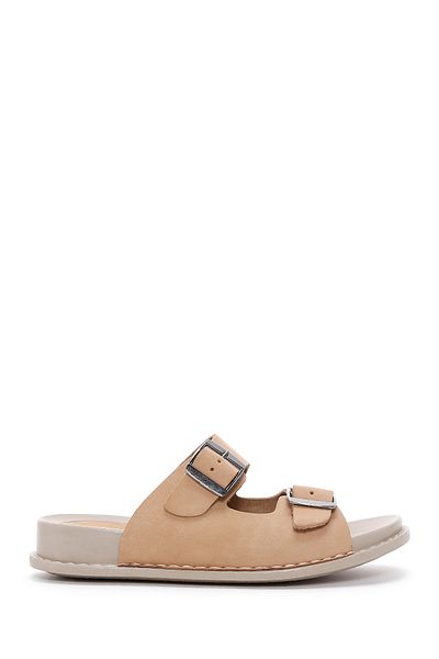 Derimod Beige Nubuck Leather Women's Buckle Slippers 25Sfd5000V3 Comfort
