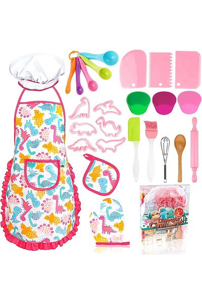COOYA 26Pcs Kitchen Pretend Toys, with Dinosaur Apron & Hat Cooking Chef Dress Up Toys, for Kids