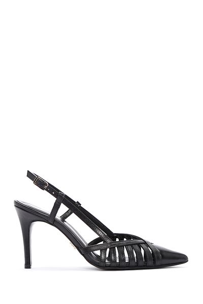 Derimod Women's Black Ankle Strap Open Back Thin Heeled Leather Shoes 25Sfd 160318