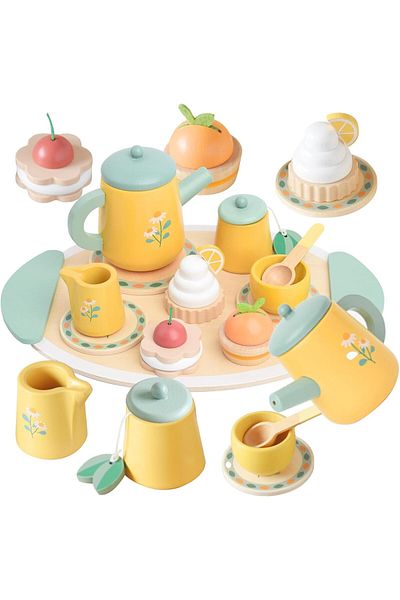 COOYA Wooden Tea Party Set for Kids, Non-Toxic Recyclable for Girls and Toddlers Aged 3-5