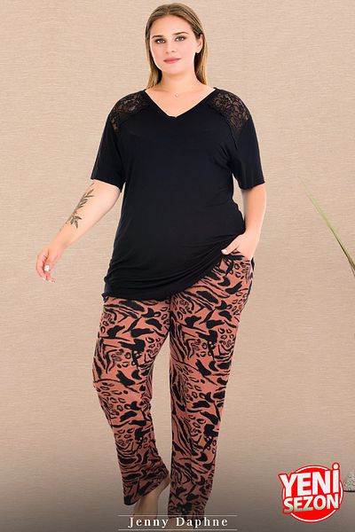 Jenny Daphne Lady Plus Size Print Shoulders Lace V-Neck Short Sleeve Pajamas Set 11017