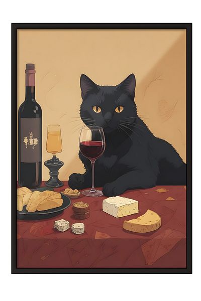 Postifull Black Framed Painting, Wine & Cat, Comfort Series Kitchen Wall Painting, No:109060