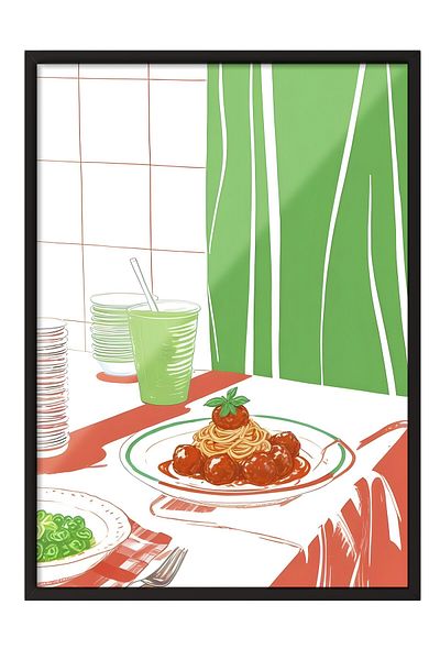 Postifull Pictură cu cadru negru, Meatball Spaghetti, Pictură de perete pentru bucătărie din seria Comfort, NR: 109110