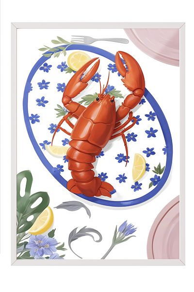 Postifull White Framed Painting, Lobster, Comfort Series Kitchen Wall Painting, No:109079