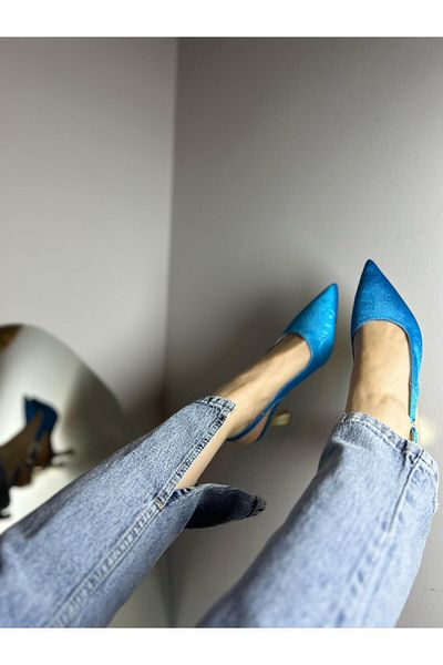 Satenora Pantofi cu toc din satin albastru cu model Powerpuff
