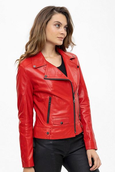Deriderim Red Merlot Snap Detailed Side Zipper Biker Biker Genuine Leather Women's Coat