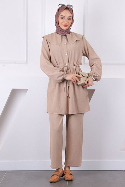 İmajButik Κοστούμι παντελόνι με δέσιμο με μινκ μέση