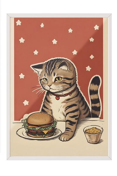 Postifull White Framed Painting, Cat with a Burger, Comfort Series Kitchen Wall Painting, No:109086