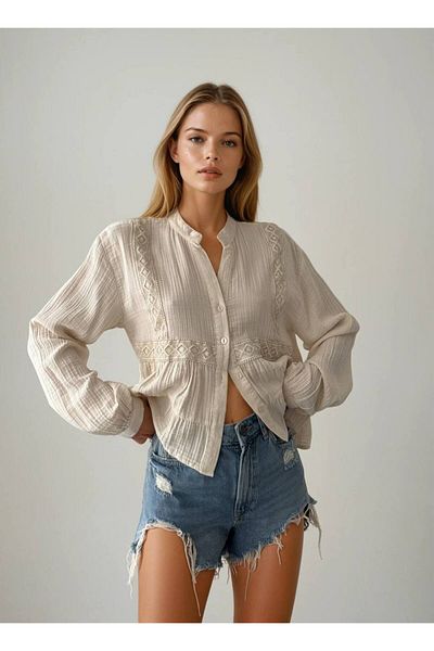 Panku Bizu Design Store Virna Muslin Fabric Scallop Detail White Shirt