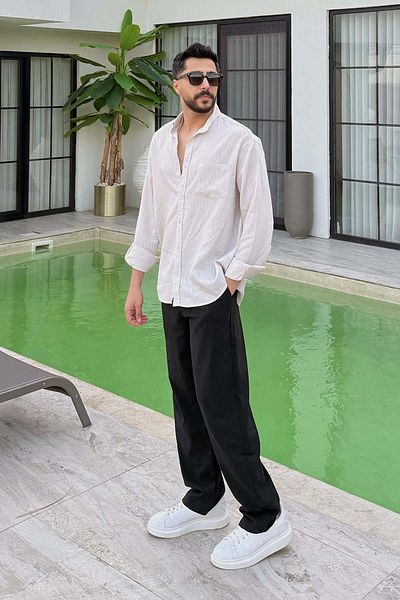 lamelif Men &Apos; S Garment Space for Ecru Regular Paris Fabric Shirt