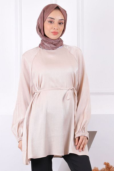 İmajButik Beige Waist Belted Shiny Tunic