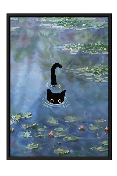 Postifull Tablou cu cadru negru, Cat Print Monet Waterlily - 2, Pictură de perete pentru bucătărie din seria Comfort, NR:108967
