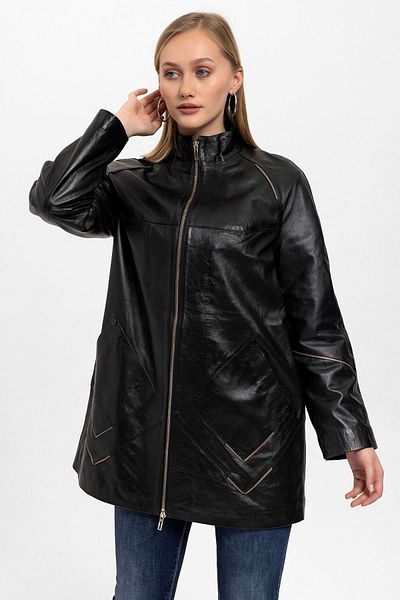 Deriderim Black Lena Zippered Wide Cut Long Women's Genuine Leather Coat