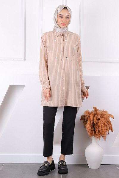 İmajButik Ριγέ χιτώνα βιζόν με πέτρες στο μπροστινό μέρος