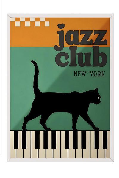 Postifull Pictură cu cadru alb, The Black Cat Jazz Club - 1, Pictură de perete pentru bucătărie din seria Comfort, NR:108976