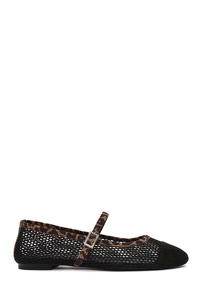Derimod Women's Black Leopard Patterned Buckle Mesh Leather Ballerinas 25Sfd 140414
