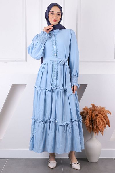 İmajButik Baby Blue Φόρεμα με Κεντητό Μπροστινό Ζώνη