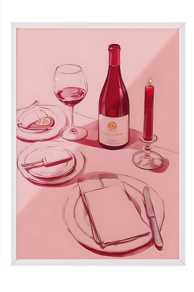 Postifull White Framed Painting, Wine Table, Comfort Series Kitchen Wall Painting, No:109084
