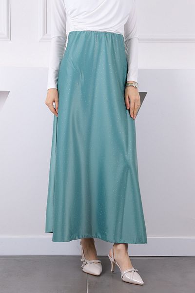 İmajButik Μέντα Πράσινη Μέση Ελαστική Πέτρινη Σατέν Φούστα