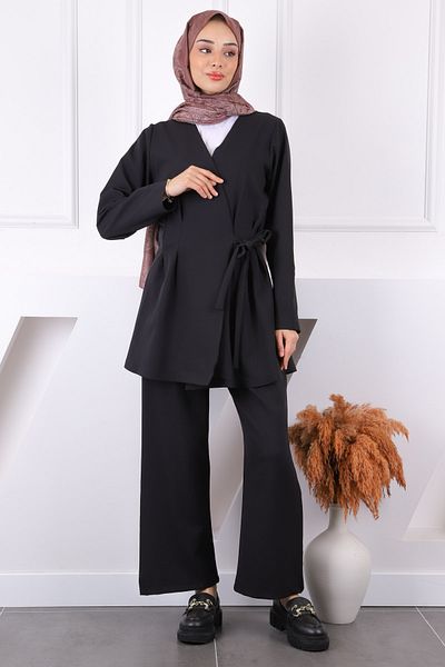 İmajButik Μαύρο πλαϊνό δεμένο παντελόνι τουνίκ
