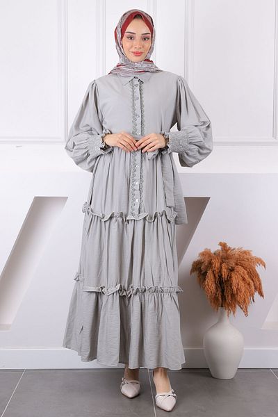 İmajButik Γκρι φόρεμα με κέντημα μπροστά με ζώνη στη μέση