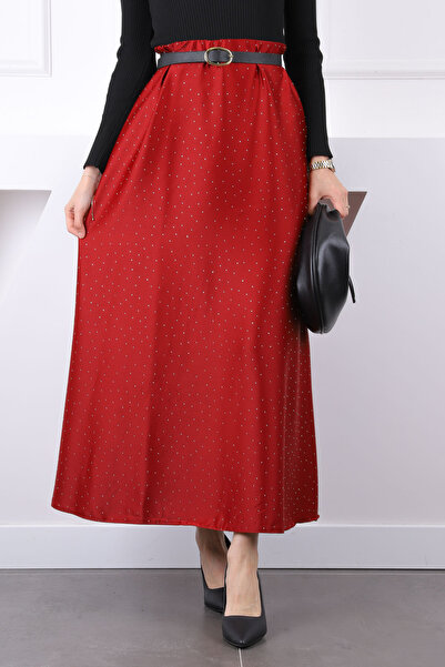 İmajButik Burgundy Elastic Waist Stone Satin Skirt