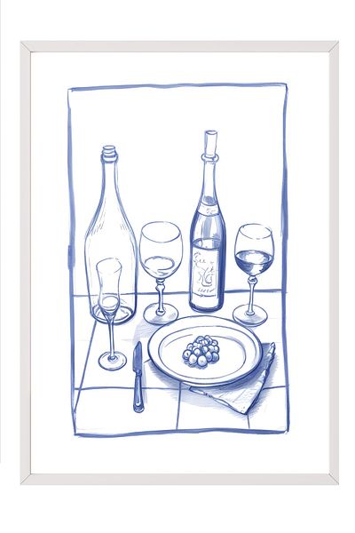 Postifull White Framed Painting, Bottles & Glasses, Comfort Series Kitchen Wall Painting, No: 109116