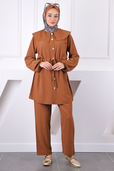 İmajButik Κοστούμι παντελόνι με καφέ χιτώνα με γραβάτα