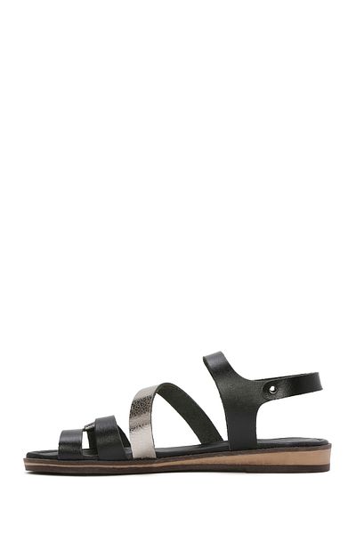 Derimod Women's Black Buckle Metallic Leather Bodrum Sandals 25Sfd 333618
