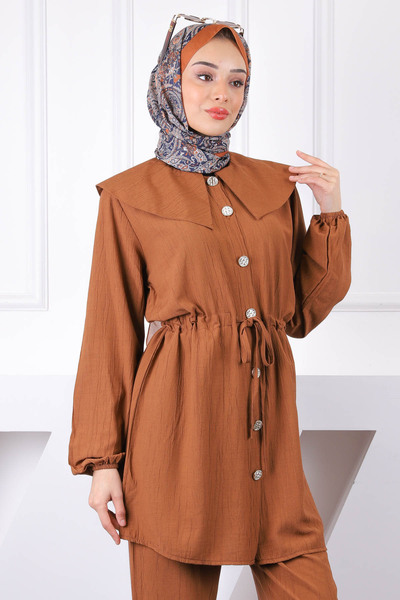 İmajButik Κοστούμι παντελόνι με καφέ χιτώνα με γραβάτα