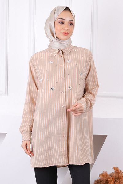 İmajButik Ριγέ χιτώνα βιζόν με πέτρες στο μπροστινό μέρος