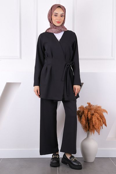 İmajButik Μαύρο πλαϊνό δεμένο παντελόνι τουνίκ