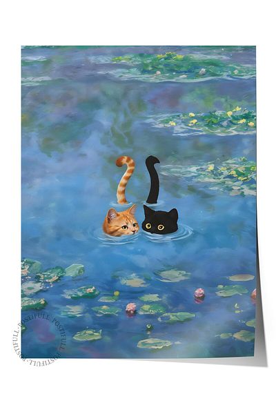 Postifull Poster fără încadrare, Cat Print Monet Waterlily - 3, Poster de perete de bucătărie din seria Comfort, NR:108968