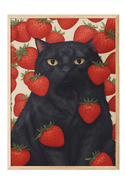 Postifull Ζωγραφική με ξύλινο πλαίσιο, Strawberry Cat, Ξύλινη ζωγραφική κουζίνας Comfort Series, NO:109108