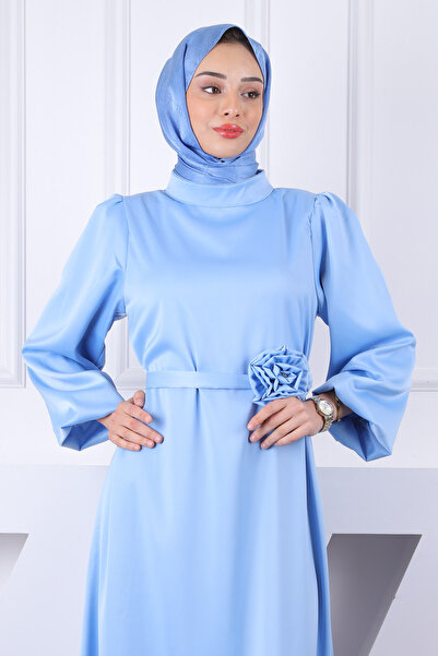 İmajButik Rochie de seara din satin cu maneca cu balon cu centura albastra trandafir